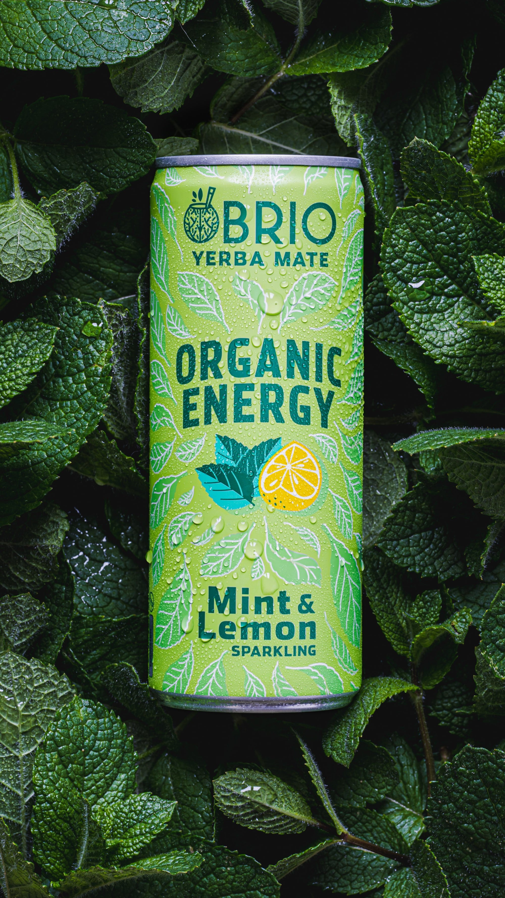 Brio Maté Energy Drink Naturel Bio mint lemon background vertical